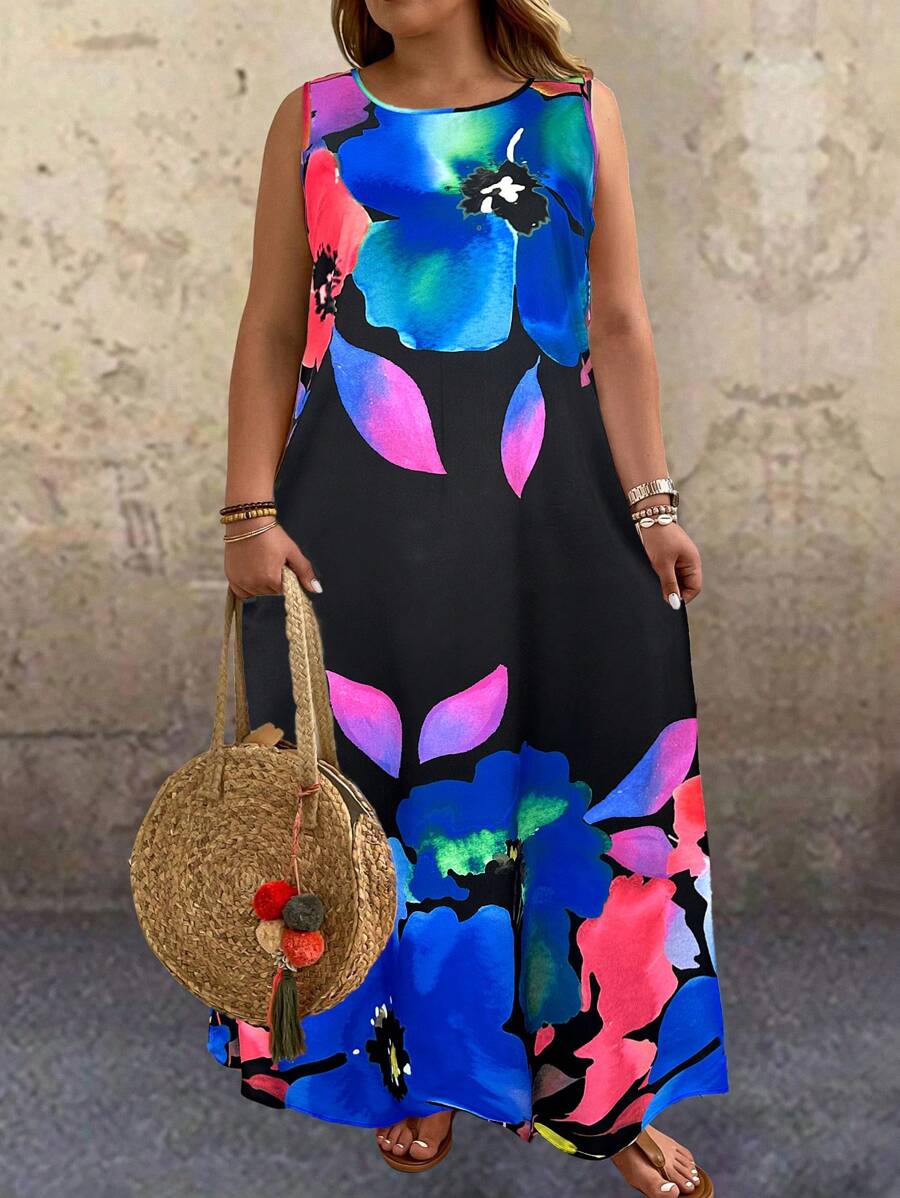 EMERY ROSE 大码夏季无袖花卉印花白色连衣裙 - 藍色 - 查看 1