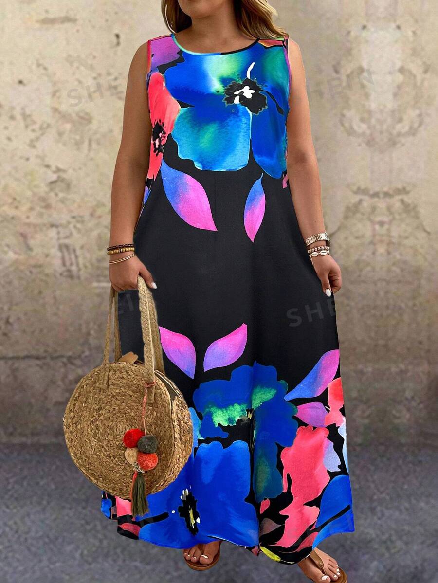 EMERY ROSE Vestido blanco de talla grande sin mangas con estampado floral de verano