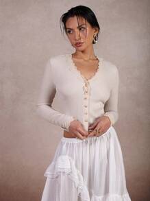 COSMINA Women's Spring/Summer Elegant Basic Cream Lace Cardigan