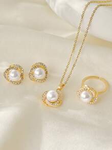 4 pièces/set Collier, bague et boucles d'oreilles en faux perles de style français élégant et léger. Idéal pour un port quotidien, cadeau parfait pour la Saint-Valentin, Noël et l'hiver - Blanc - Voir 1