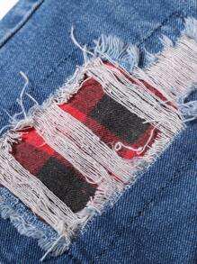 Young Boy Vintage Stylish Red & Black Plaid Patchwork Distressed Denim Casual Shorts, Fashionable - Dark Wash - View 6