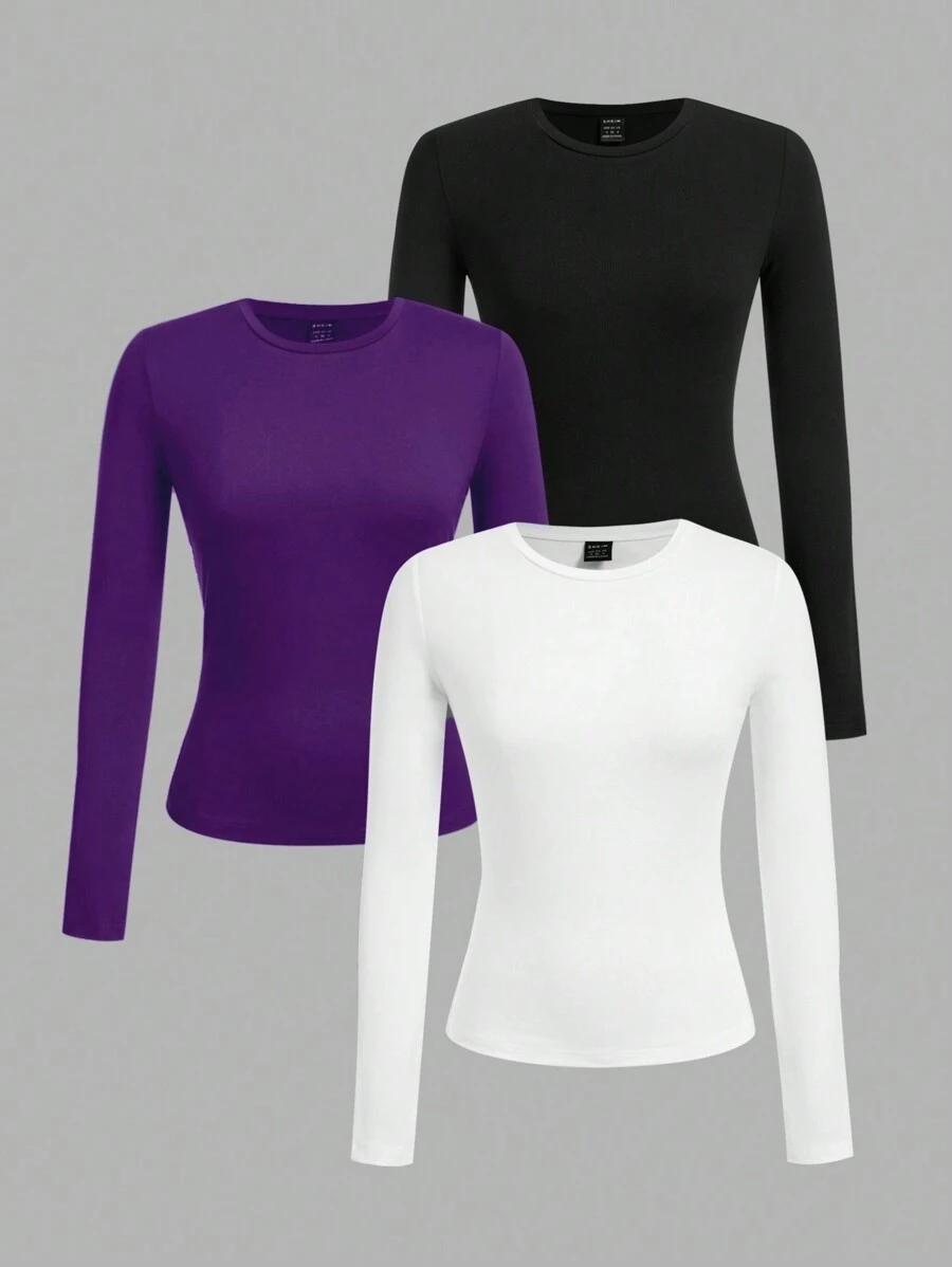 SHEIN EZwear 3 件套女士休闲圆领长袖紧身长款 T 恤，适合春秋季