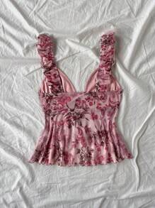 Soleia 女士度假复古佩斯利印花图案盖袖 V 领针织网眼不对称下摆修身背心，适合约会、下午茶、音乐节、西部度假、夏季装扮 - 彩色 - 查看 2