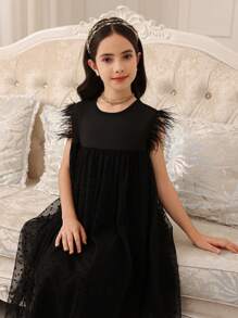 Tween Girls Elegant Party Polka Dot Mesh Patchwork Dress - Black - View 4