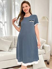 Contrast Color Ruffle Trim Casual Round Neck Textured Short Sleeve T-Shirt Nightgown - Dusty Blue - View 3