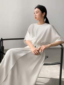 Dazy-Less Lässiges, geschäftsmäßiges, locker designtes asymmetrisches Knopf-Taille Midi-Kleid für Frauen, Outfit für Lehrerinnen