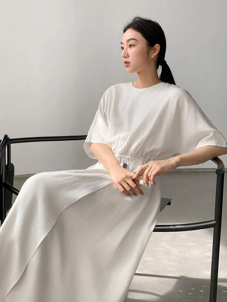 Casual Business Loose Design Sense Asymmetrical Button Waist Midi Dress For Women Old Money Style,Teacher Outfits