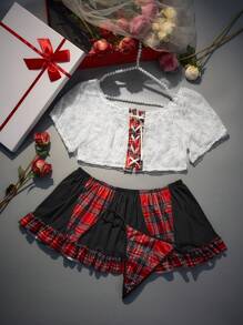 Fantasy Costume Conjunto de lencería sexy minimalista de 3 piezas con bloques de color para tallas grandes