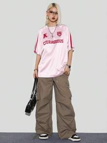 Coolane Women's Oversized Streetwear T-Shirt: Pink Satin Graphic Tee With Red Stripes
