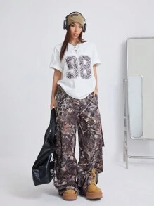 SHEIN EZwear Women's Daily Wear Streetwear Casual Leopard Number Pattern V-Neck T-Shirt - White - View 6