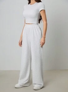 SHEIN Tall Women's Solid Color Crew Neck Short Sleeve Slim Fit T-Shirt And Sweatpants Set - Grey - View 5