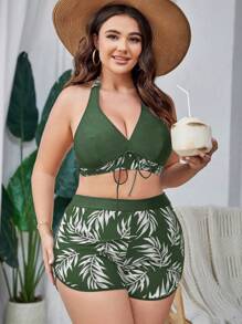 Swim Lushoire Plus Size Women's Random Print Halter Bikini Swimwear Set, Casual Vacation Summer Beach Wear
