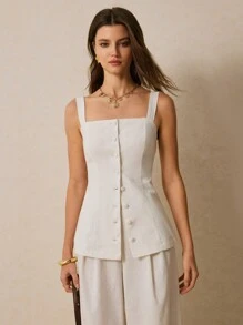 Poéselle Women's Two-Piece White Two-Piece Button-Down Top And Wide-Leg Pants 2pcs Women Elegant Commuter Solid Color Front Button Camisole & Wide Leg Pants Set Linen Vest Set Women Two Piece Sets Beach Women Outfits Summer Women Outfit Women Clothes Workout Women Sets Summer Clothes Summer Women Clothes Women Suits White Women Outfits Office Women Outfits Summer Sets Women Linen Pants Western Wear Women Festival Boho Hippie Old Money Bohemian - White - View 4