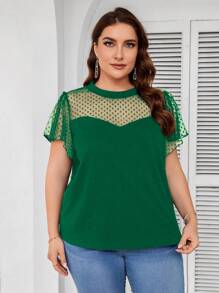 SHEIN Clasi 大码女式波尔卡圆点网眼荷叶边短袖上衣