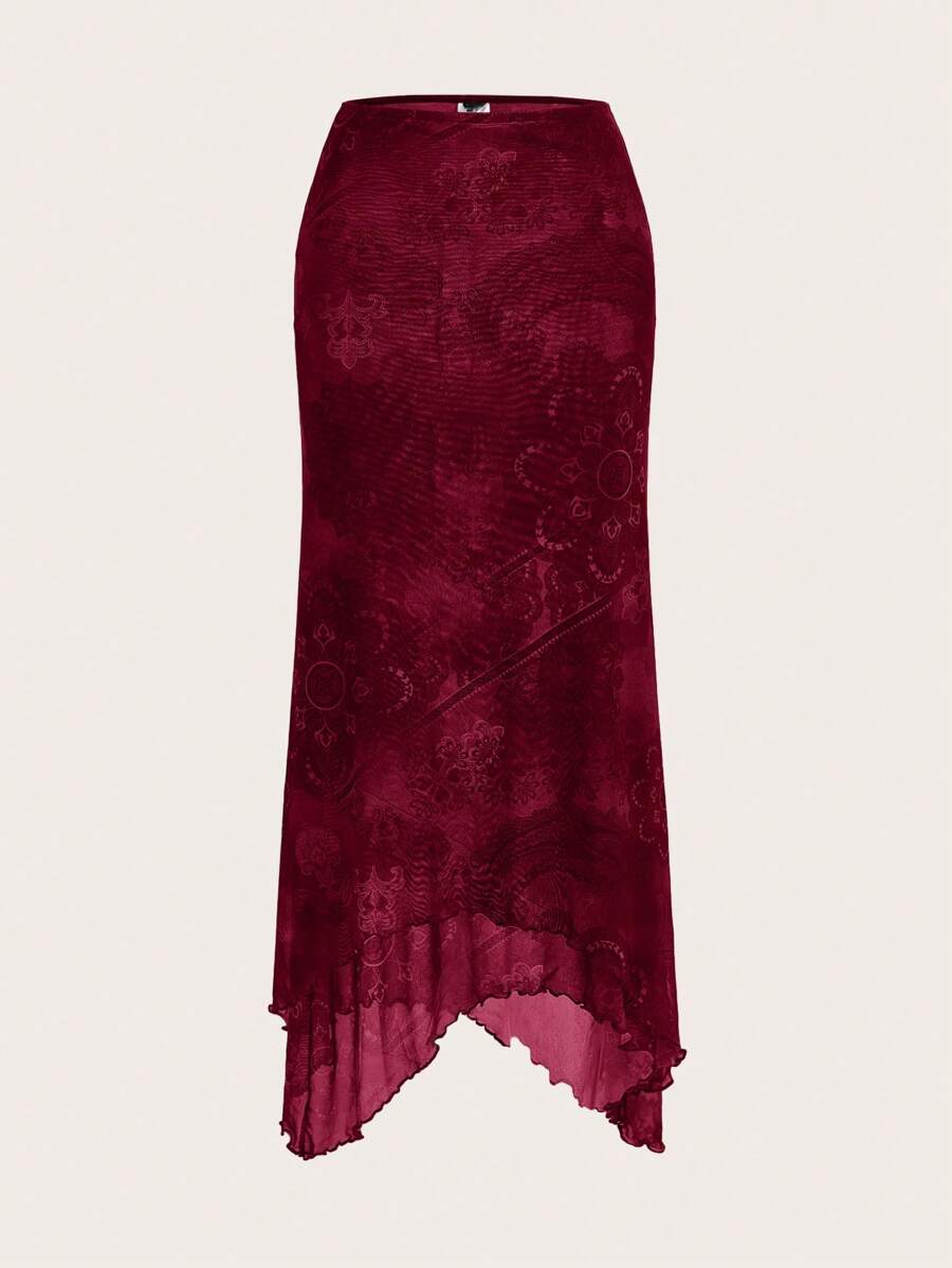 SHEIN EZwear 优雅的勃艮第印花网眼女式半身裙 - 酒紅色 - 查看 1