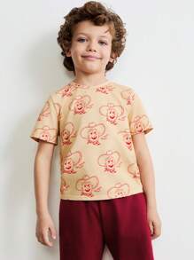 SHEIN Boys Cute Portrait Print Loose Fit Crew Neck Short Sleeve Knitted T-Shirt And Elastic Waist Drawstring Red Sweatpants Set - Khaki - View 4