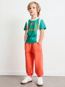 SHEIN Young Boys 2 Pieces Outfit: Short Sleeve T-Shirt And Pants, Casual And Fashionable For Everyday Wear - Multicolor - View 3