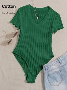 SHEIN Essnce Solid Ribbed Knit V Neck Bodysuit For Summer - Dark Green - View 6