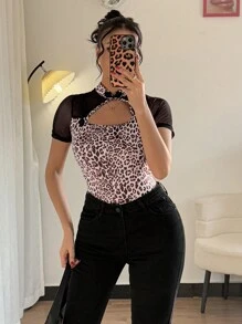 SHEIN Unity 女士豹纹撞色网眼门襟装饰领休闲短袖 T 恤 - 彩色 - 查看 4