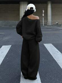 SHEIN Essnce 2 件套女士纽约 52 超大露肩宽松休闲字母图案运动衫和阔腿保暖内衬运动裤套装，适合秋冬季 - 黑色 - 查看 2