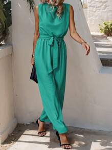 SHEIN Clasi Casual Minimalist Solid Color Sleeveless Jumpsuit - Mint Blue - View 4