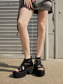 Sugerpunk Women's Black Thick Sole Punk Style Sandals, Casual Slip-On Cross Strap Thick Heel High-Top Gladiator Sandals, Summer Spring Shoes Spring Break Easter - Black - View 1
