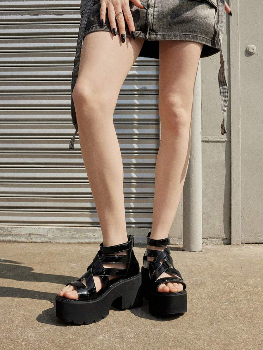 Sugerpunk Women's Black Thick Sole Punk Style Sandals, Casual Slip-On Cross Strap Thick Heel High-Top Gladiator Sandals, Summer Spring Shoes Spring Break Easter - Black - View 1