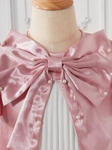 SHEIN Young Girl Elegant Color Blocking Pleat Beaded Bow Decor Dress