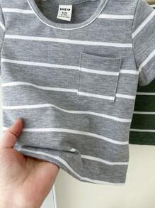 SHEIN Vintaside Kids 3 pièces Ensemble de Top rayé unisexe pour bébé garçon, noir, gris et vert olive - Couleurs assorties convenant à toutes les occasions en été. Vêtements de bébé garçon, hauts pour bébés garçons, vêtements pour garçons, vêtements de bébé garçon, hauts pour bébés garçons