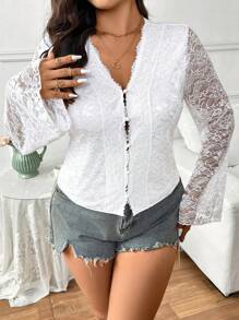 SHEIN Frenchy Plus Size Casual Elegant V-Neck Lace Bell Sleeve T-Shirt - White - View 7