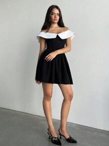 Aloruh Women's Sexy Elegant Black & White Patchwork Bow Front Contrast Color Off The Shoulder A-Line Bodycon Party Cocktail Dress - Black - View 4