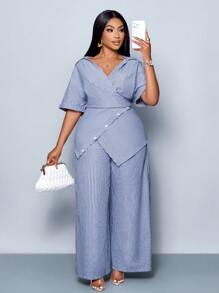 SOLERSUN 大码夏季条纹印花纽扣前不对称下摆衬衫和阔腿裤套装，秋季服装，优雅，日常通勤旅行休闲两件套