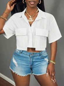 Slaydiva 2025 New Ladies Casual Stree Pocket Short Sleeve Shirt Collar Loose Crop White Drop Shoulder Shirt Women Blouses,Spring/Summer,Casual Daily Wear,Music Festival - White - View 5
