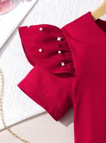 SHEIN 2pcs Set: Beaded Cap Sleeve Blouse + Bow Waist Band Mini Skirt - Red - View 4