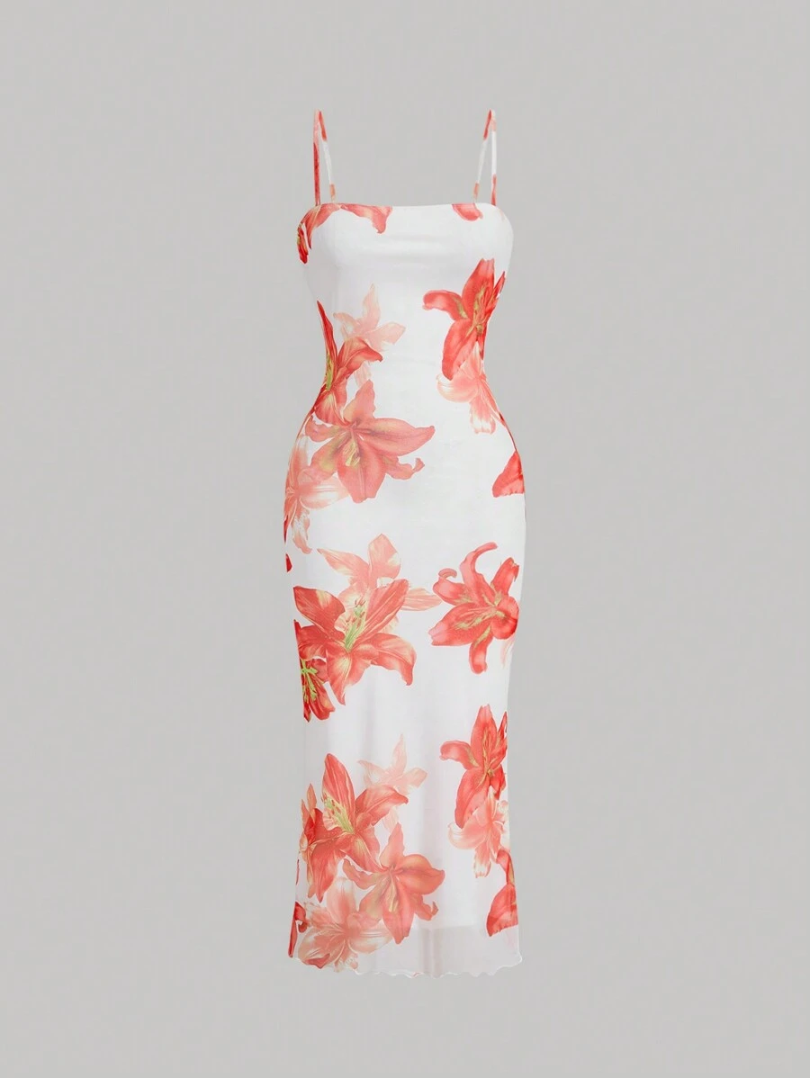 SHEIN MOD Vestido de tirantes de red con estampado floral naranja, conjunto de ropa de crucero para mujer, vestido de Año Nuevo, vestido elegante, vestido de graduación, vestidos naranjas para mujer, vestido para cita nocturna