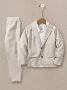 Young Boys 2 Pieces Gentleman Suits, Spring/Summer Toddler Boys Gentleman Outfits, Includes 1 Textured Long Sleeve Blazer Jacket With Notch Lapel Design, Faux Pockets Details And 1 Ankle-Length Formal Pants, Fashionable Suit For Birthday Party, Ceremony, Wedding, Wedding Guest, Ring Bearer, Page Boy