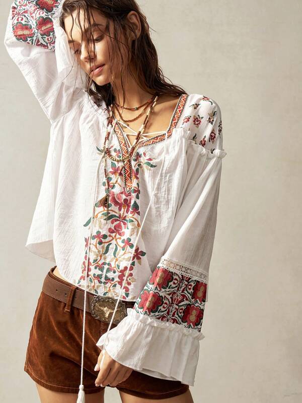 Bohemela BOHO Bohemian Western Wear Women Bohemian Vacation Casual Embroidery V-Neck Blouse For Women