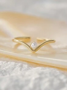 1pc V Shape Faux Pearl Ring, Premium Minimalist Index Finger Band Winter Gifts - Yellow Gold - View 4