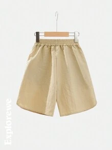 SHEIN 青少年女孩休闲简约连帽夹克和短裤套装，日常穿着 - 卡其色 - 查看 3