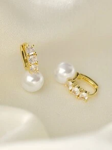 2pcs Silver Plated Pearl Earrings Women Fashion Zirconia Hoop Earrings Bridal Wedding Party Jewelry Gift For Girlfriend Wife BBF Valentine's Day Gift