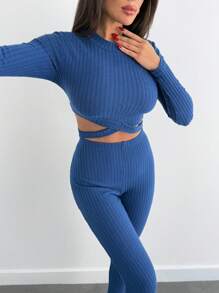 SHEIN Ensemble casual femme, t-shirt court à manches longues de couleur unie et pantalon