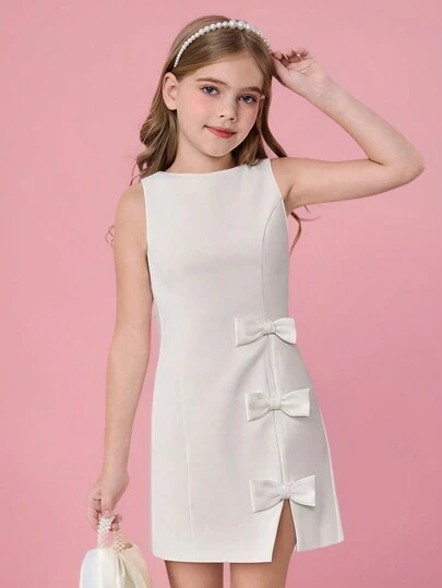 Fern Glow  Tween Girls Bowknot Elegant Sleeveless Split Mini Dress, Versatile For Summer And Valentine's Day