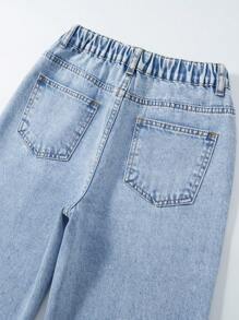 SHEIN Tween Girl All-Match Casual Versatile Light Blue Washed Elastic Waist Loose Straight Leg Jeans - Light Wash - View 4