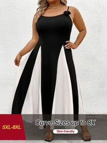 SHEIN CURVE+ Plus Size Summer Romantic Colorblock Waist Cinched Dress - Multicolor - View 1
