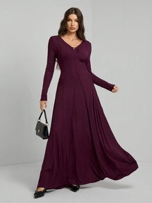 SHEIN Tall 女式优雅纯色束腰连衣裙，秋季 - 紫色 - 查看 3