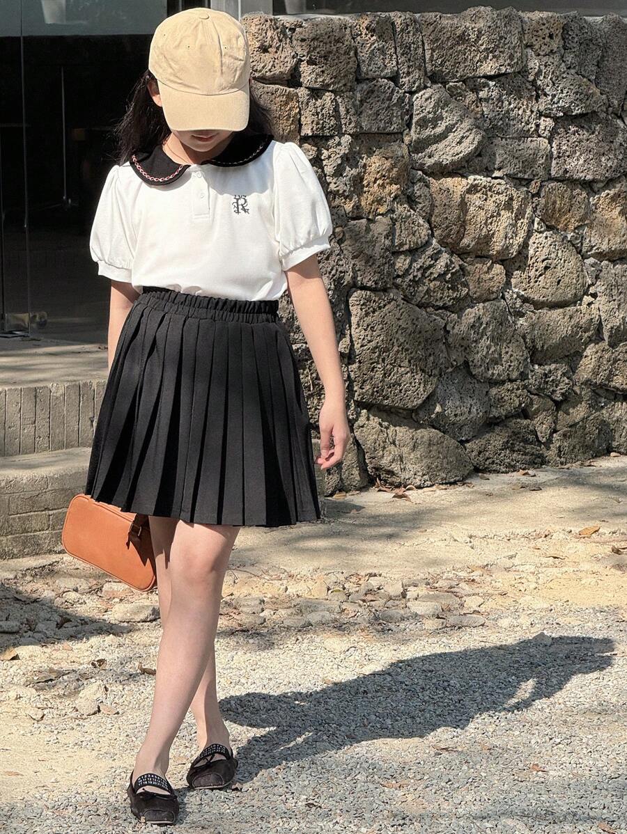 DAZY Conjunto de 2 piezas para niña preadolescente con blusa de manga abullonada de bloques de color en cuello y falda plisada - Blanco - Ver 1