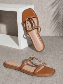 SHUZIA Top Seller Women's  Minimalist Big Metallic Buckle Square Toe Flat Pu Tan Slide Sandals-Luxury, Stylish & Comfortable Vacation Shoes Casual Shoes Beach Shoes Mother's Day Present - Brown - View 2