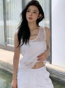 DAZY Women Casual Solid Color Lace Loose Camisole Tank Tops - White - View 6