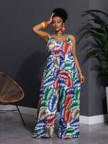 Slaydiva Plus Size Women's Tropical Print Loose Jumpsuit With Spaghetti Straps And Wide Legs - Multicolor - View 4