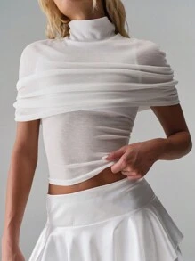 TRNVIE Women 2-In-1 Short Sleeve T-Shirt With Detachable Mini Shawl - White - View 1